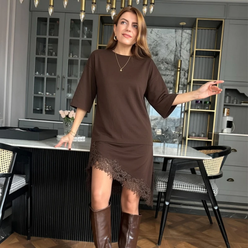 HXAO Braunes Spitzen-T-Shirt-Oberteil für Damen, Sommer, kurzärmelig, langes Damen-T-Shirt, asymmetrisch, locker, schwarz, cremefarben, Damen-T-Shirts – Detail 16