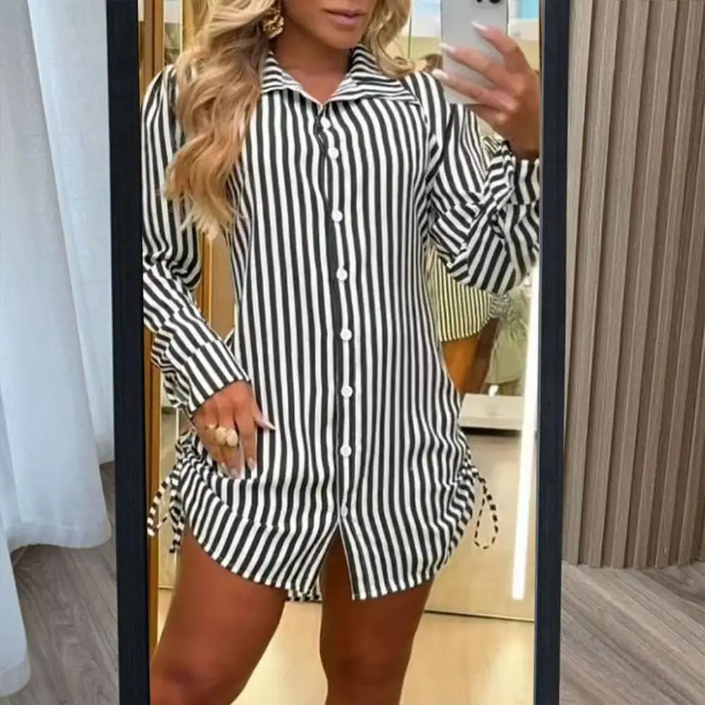 Single-breasted Shirt Dress Striped Print Shirt Dress Stylish Collar Drawstring Detail Long Sleeves for Wear Mini Dressing