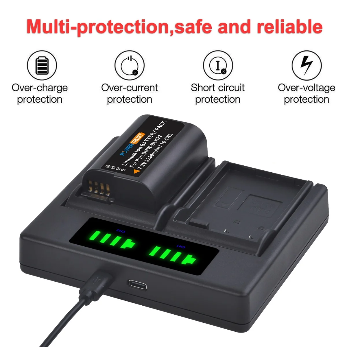 Bateria de substituição/carregador de bateria de baía dupla para panasonic DMW-BLK22 e lumix DC-S5, gh6, gh5 ii, DC-S5KK câmeras digitais