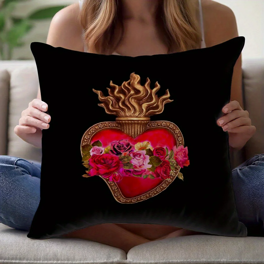 1pc Sacred Heart & Roses Pillow Cover, Polyester 2D Double-Sided Print, Vintage Ornate Red Heart with Floral Art, Gothic Religio