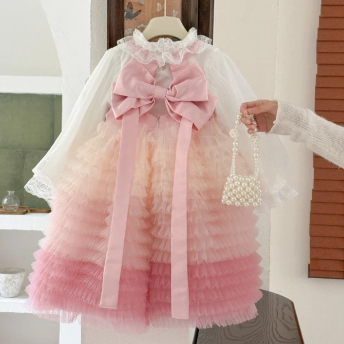 

Костюм для девочек, осень-зима 2022, новая детская одежда, милая куртка в корейском стиле для девочек, платье принцессы с бантом, два комплекта