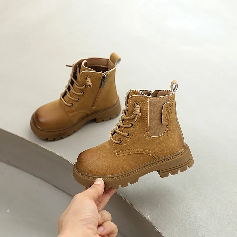 

Spring Autumn Girls Simple Ankle Boots Trend Versatile Kids Causal Boys Leather Boots Round-toe Children's Fashion Short Boots