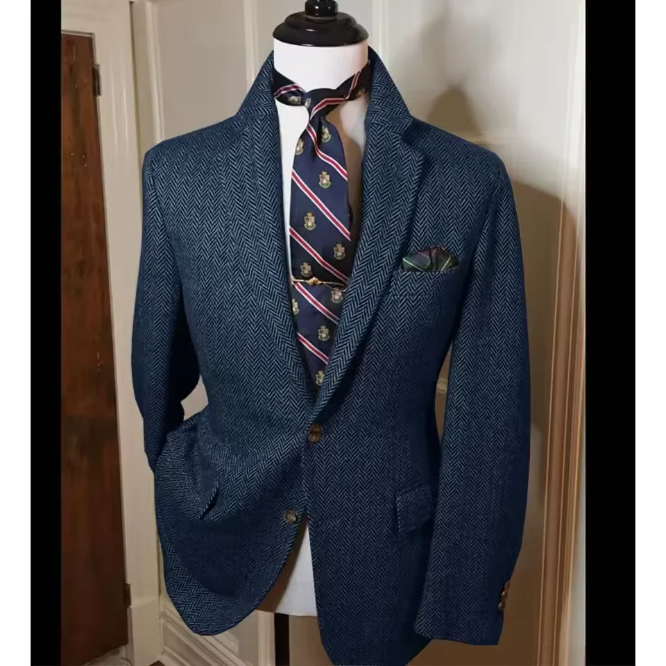 남성용 블레이저 헤링본 싱글 브레스티드 캐주얼 수트 슬림 편안한 칼라 아우터웨어 코트 바지 통기성 비즈니스 핫 세일