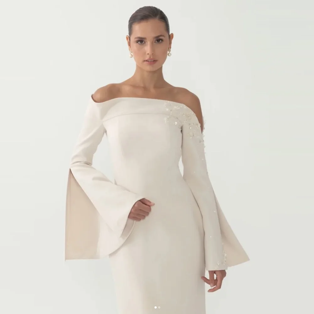 Customized Ivory Off-the-Shoulder Flare Sleeve Formal Wedding Guest Gown Beaded Satin Sheath Mother of the Bride Dresses