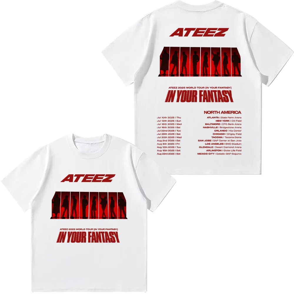 Ateez 2025 جولة حول العالم في الخيال تي شيرت ATEEZ في الكنز قميص الإناث القطن الصيف تي شيرت جديد للجنسين عالية الجودة لينة تيز