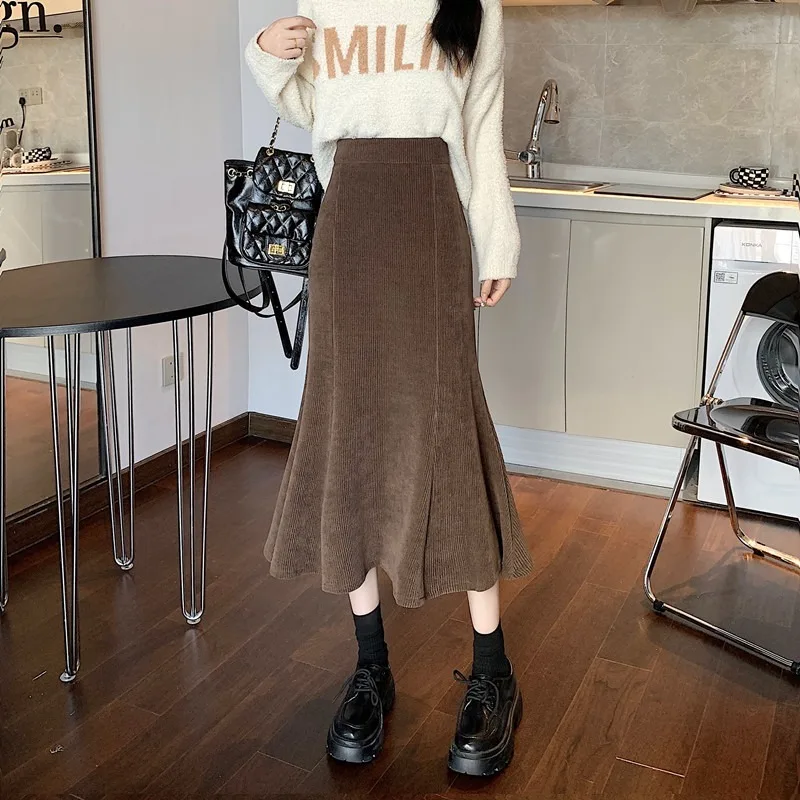 

Autumn and Winter Coffee Color Corduroy Wrapped Hip Half Skirt Children's 2023 New Small Tall Waist A-line Long Skirt Fish Tail