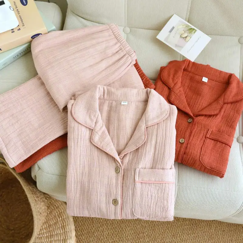Women Small Grid Cotton Pajama Set Lapel Button Long Sleeve Shirt Pants Soft Breathable Gauze Loungewear Men Ladies Sleepwear