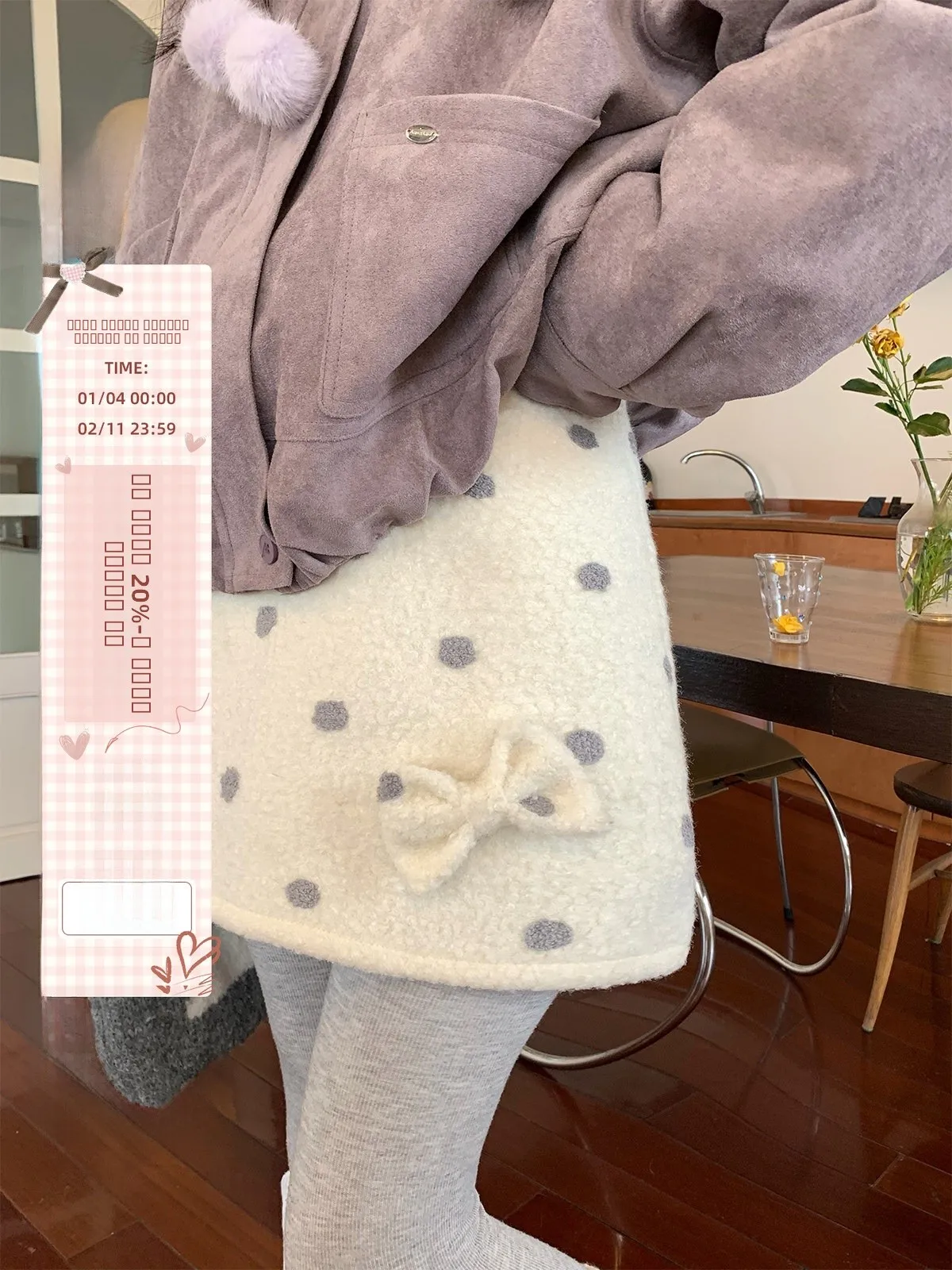 

BibiBency Bear Aunt's 2025 Winter Sweet Design ter Ne Polka Dot Furry ort Skirt Women's mid Waist H-Line Polyester
