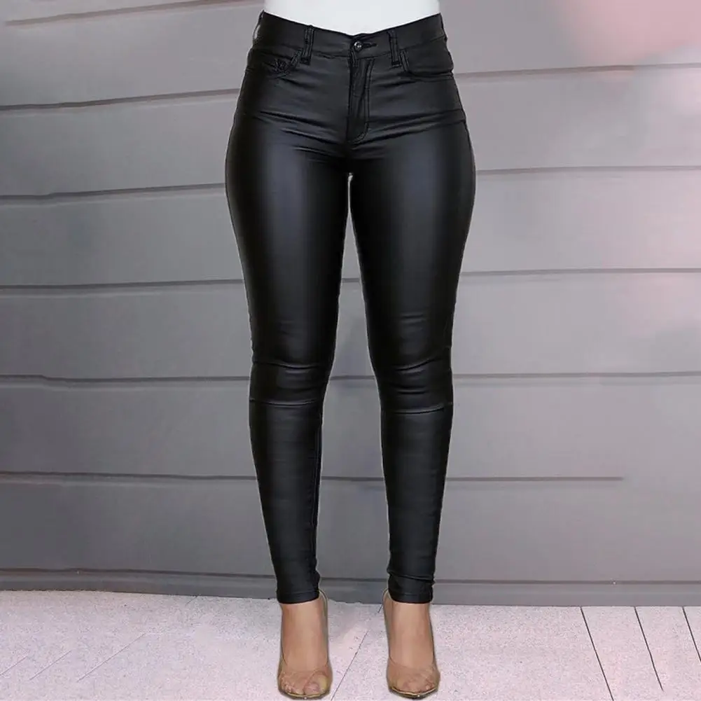 

Women Artificial Leather Pants High Waist Faux Leather Pencil Pants with Butt-lifted Design Elastic Closure Ankle Length Women's