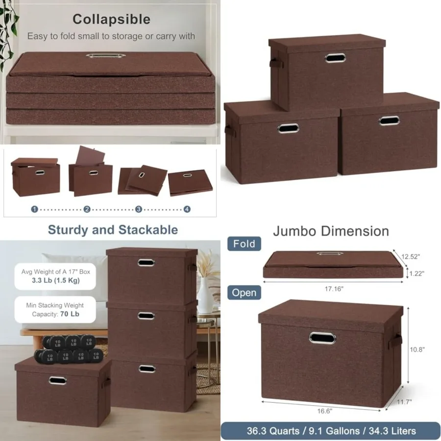 

Large 17" 36 Quart Collapsible Stackable Storage Bins with Lids, 3 Packs Foldable Fabric Closet Storage Boxes with Lids, Heavy-