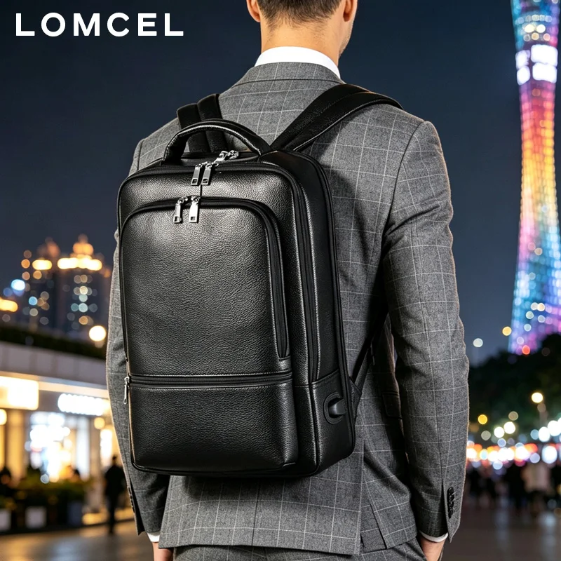 LOMCEL 9 Leather backpack for men Business style. Top-grade cowhide. Multi-functional. USB compatible. Business style double-sh