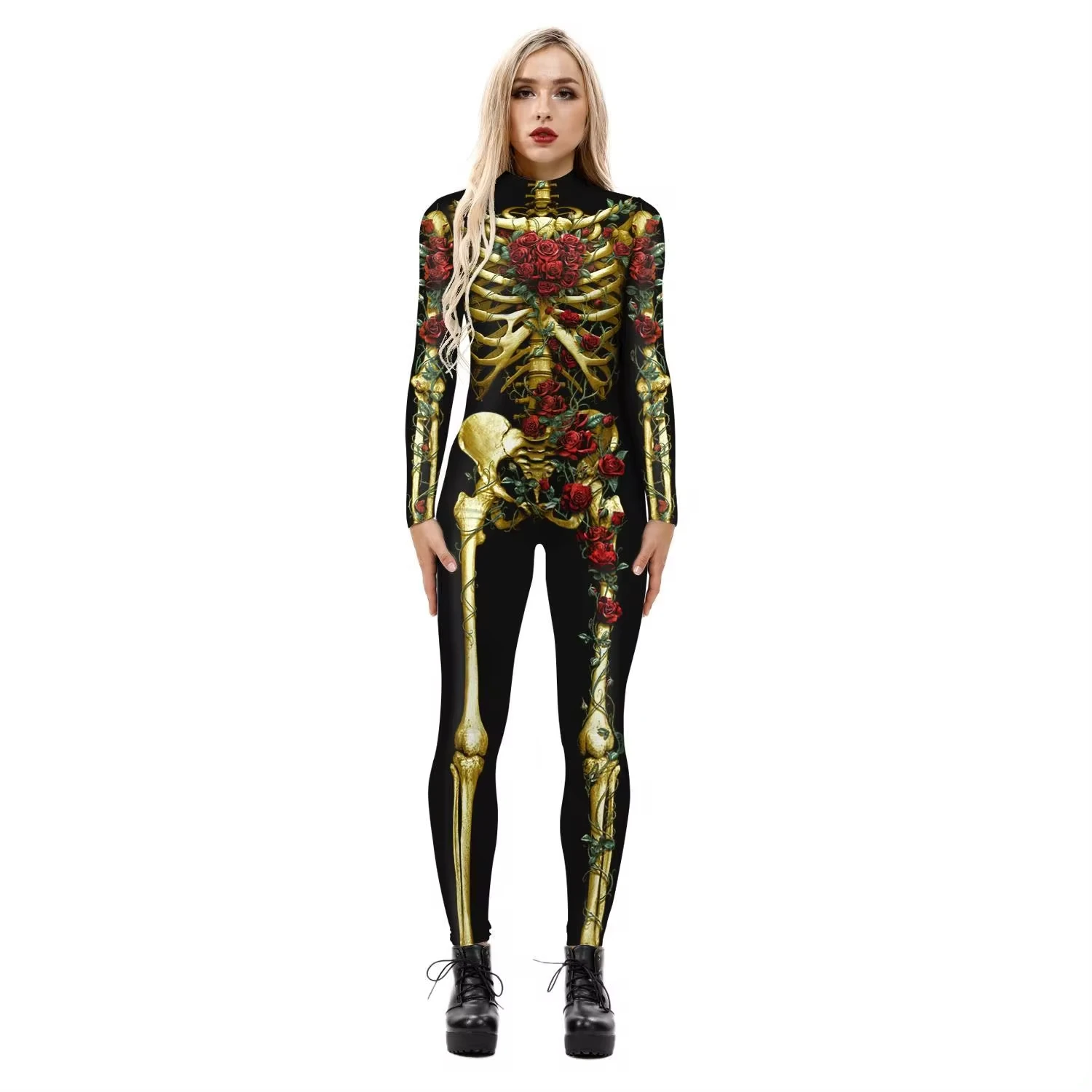 Frauen Halloween Cosplay Kostüm Erwachsenen Schädel Skelett Digitaldruck Langarm Rave Party Bodysuit Overall Outfits