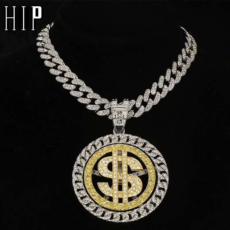 HIP HOP Rotatable Dollar Iced Out 13mm Miami Cuban Link Chain Pendant Necklaces Tennis Chain For Men\'s Women Rapper Jewelry