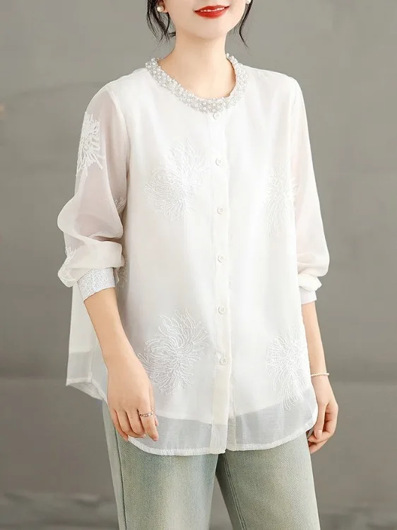 

Ele Embroidered Loose Long Sve irt Casual Spring New Sle plus Size Women's Open Cardigan Cotton Polyester Blend