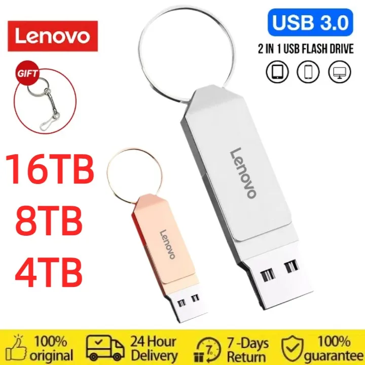 Lenovo-Unidade Flash USB Impermeável, 8TB Pendrive, Unidade Flash USB 3.0, Alta Velocidade, Metal, Tipo C, U Flash, SSD, Portátil, 2TB, Disco de Memória