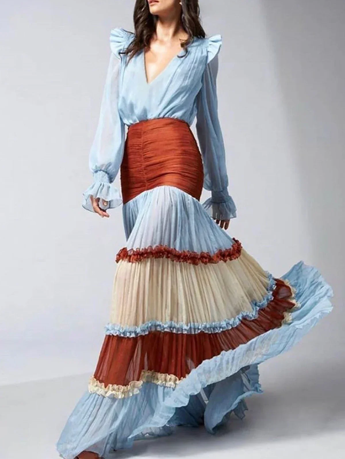 

Elegant Ruffle Dress for Women Tiered A-Line Sweet Lantern Sleeve V-Neck Patchwork Layer Long Dress for Spring Autumn 2025