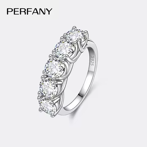 PERFANY 2.5/5CT Moissanite Ring For Women S925 Pure Silver Five Gemstone Ring Luxury Wedding High-end Jewelry