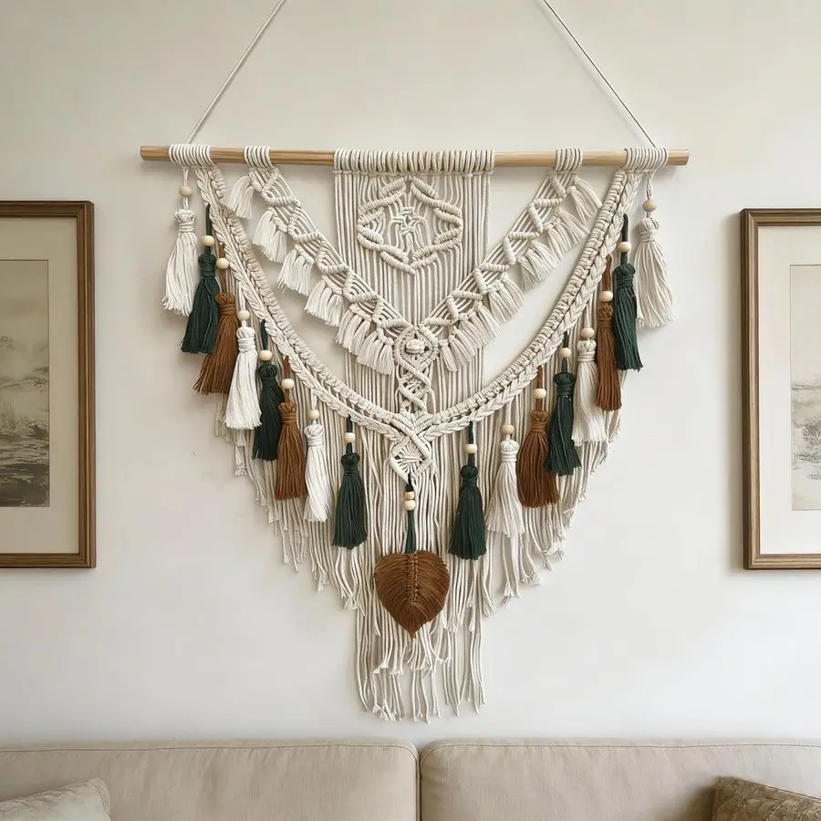 

Макраме-панно для стен, тканый гобелен бежевого и пыльно-розового цветов, ручная работа, декор для стен в стиле макраме, для галереи и детской комнаты, размер 37.4 x 27 дюймов.