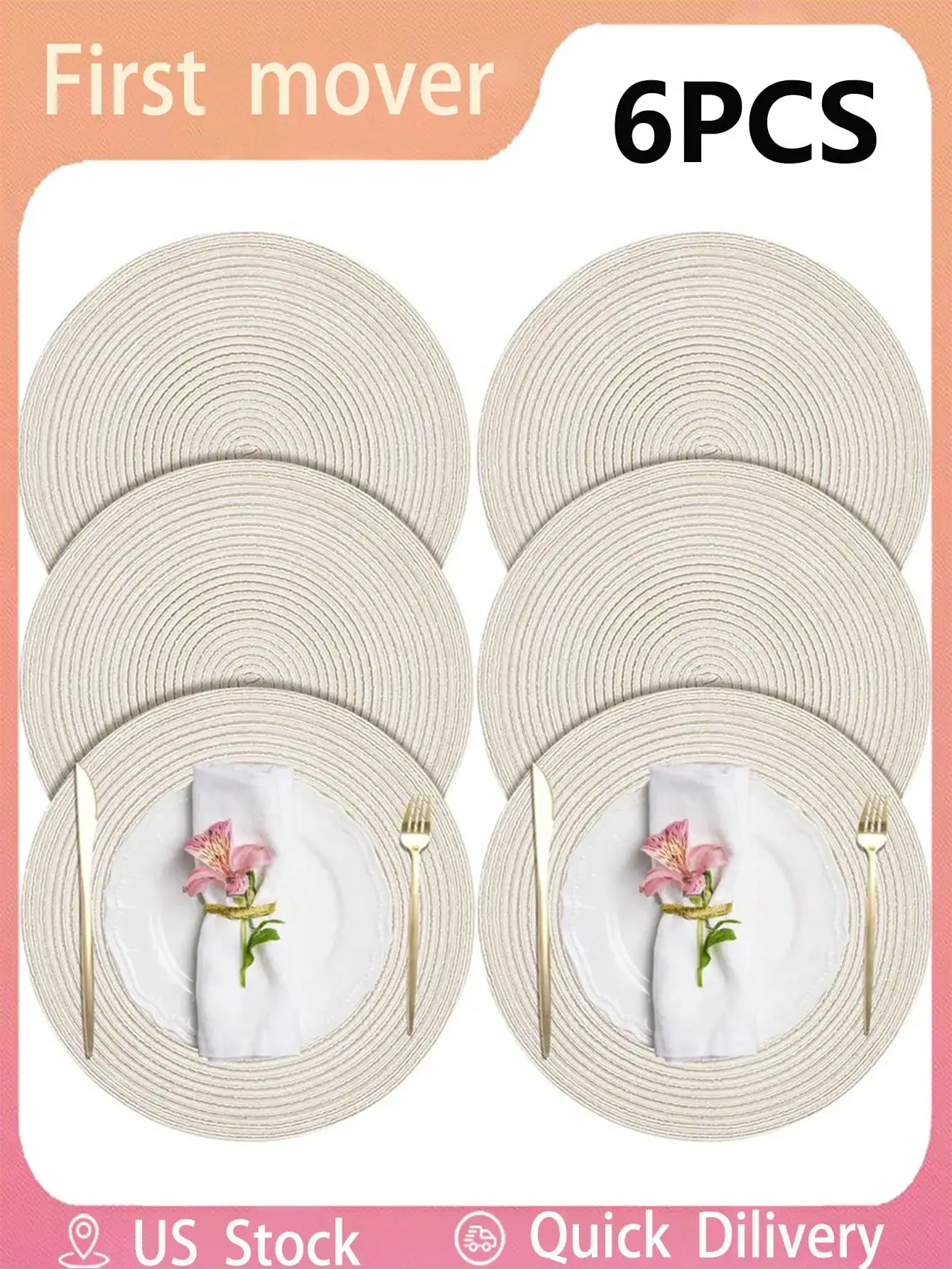 

6-Pack Round Woven Placemats - Beige Heat-Resistant Anti-Slip Table Mats for Dining