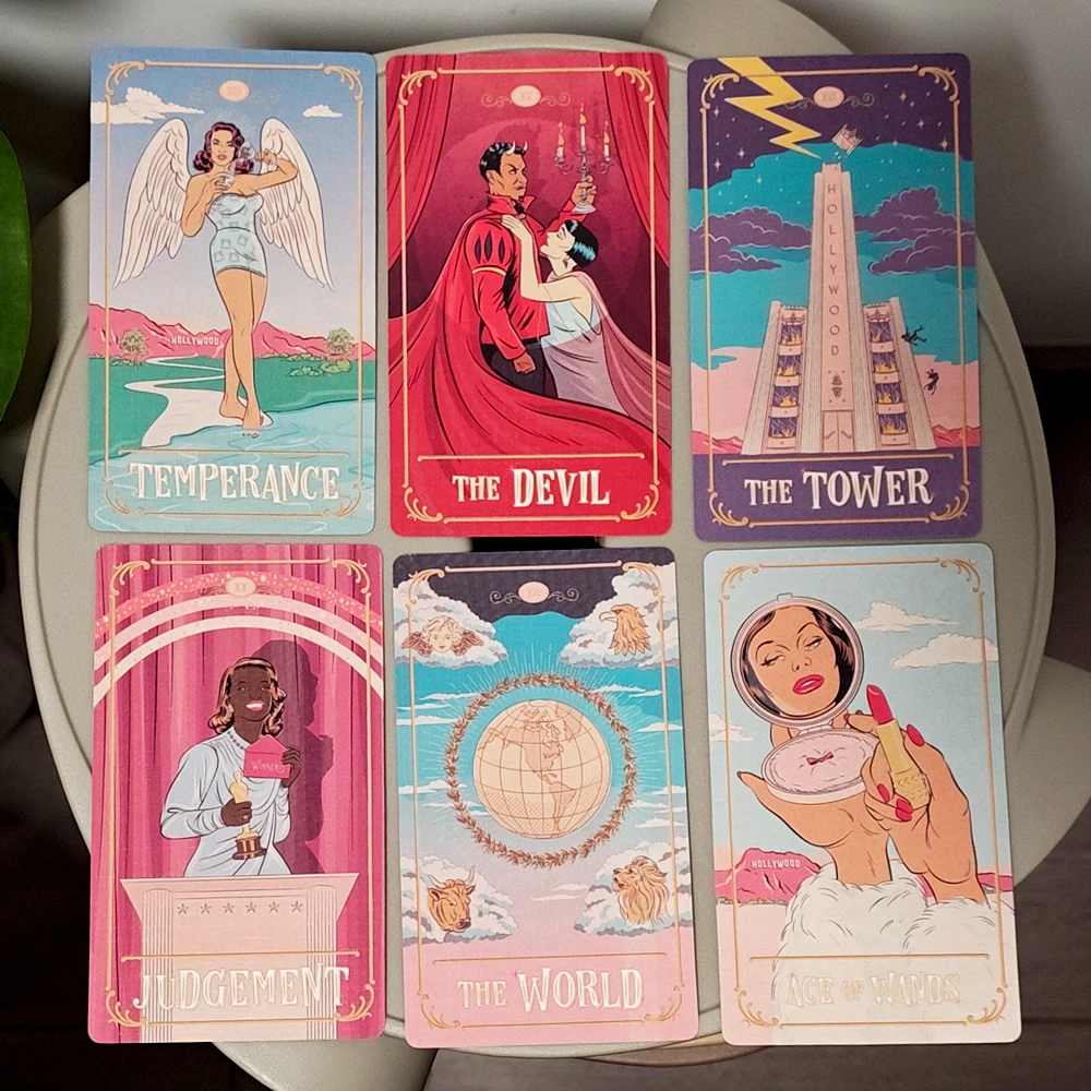 

Tinseltown Tarot 12*7cm in Rigid Box Pink Vintage Hollywood Inspired Deck 78 Illustrated Cards