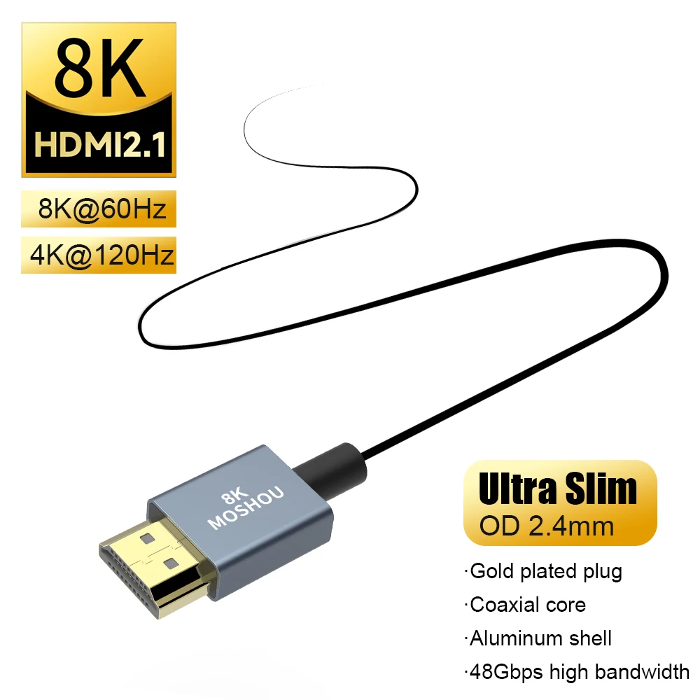 MOSHOU HDMI 2.1 8K 60Hz 울트라 슬림 유연한 마이크로 HDMI-HDMI 4K 120Hz HDMI-HDMI 카메라 Xbox PS5 삼성 QLED TV 노트북