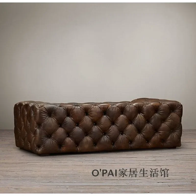 Divano in pelle a olio cerata con pulsante di tiro per mobili in legno massello retrò rurale francese moderno italiano di lusso leggero