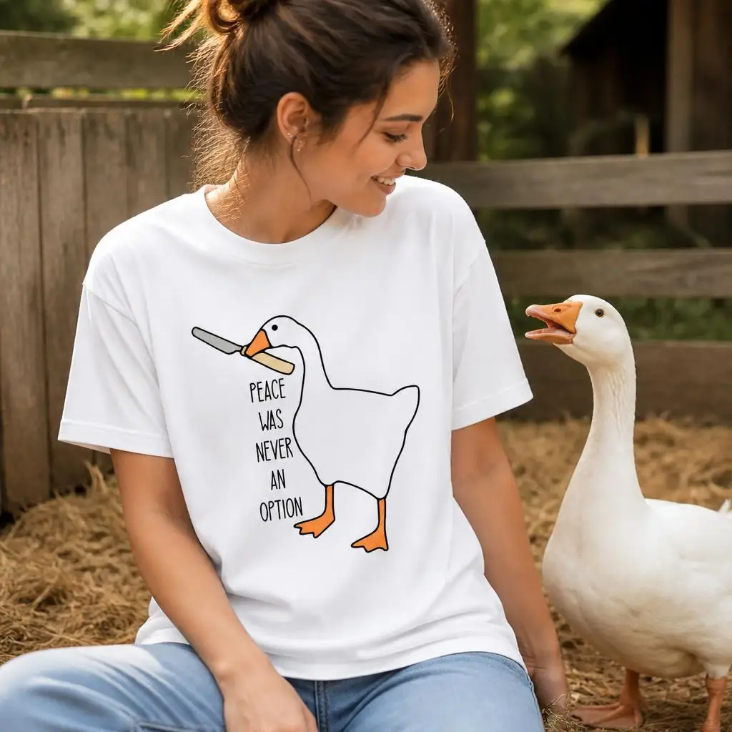 Peace was Never an Option Funny Untitled Goose Game T Shirt 100% Cotton Clothing Short Sleeve Round Collar Tees Graphic T-Shirt