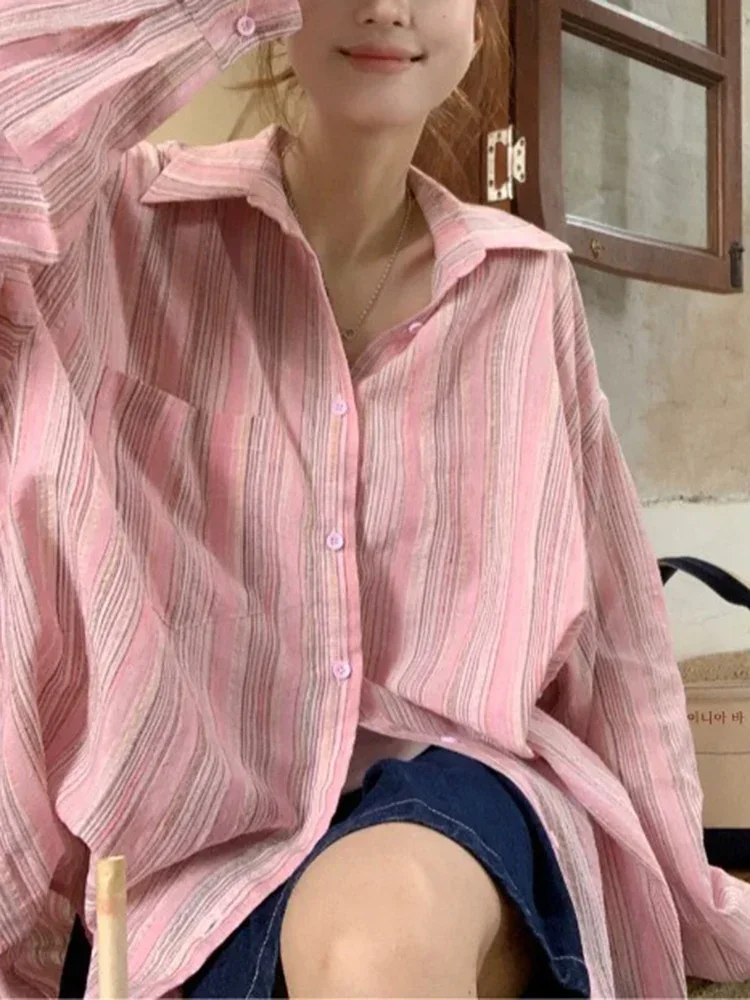 الكورية أزياء القطن الكتان فضفاضة المناسب المرأة طويلة الأكمام قميص الحماية من الشمس الربيع كسول نمط الرجعية المرأة قميص مخطط