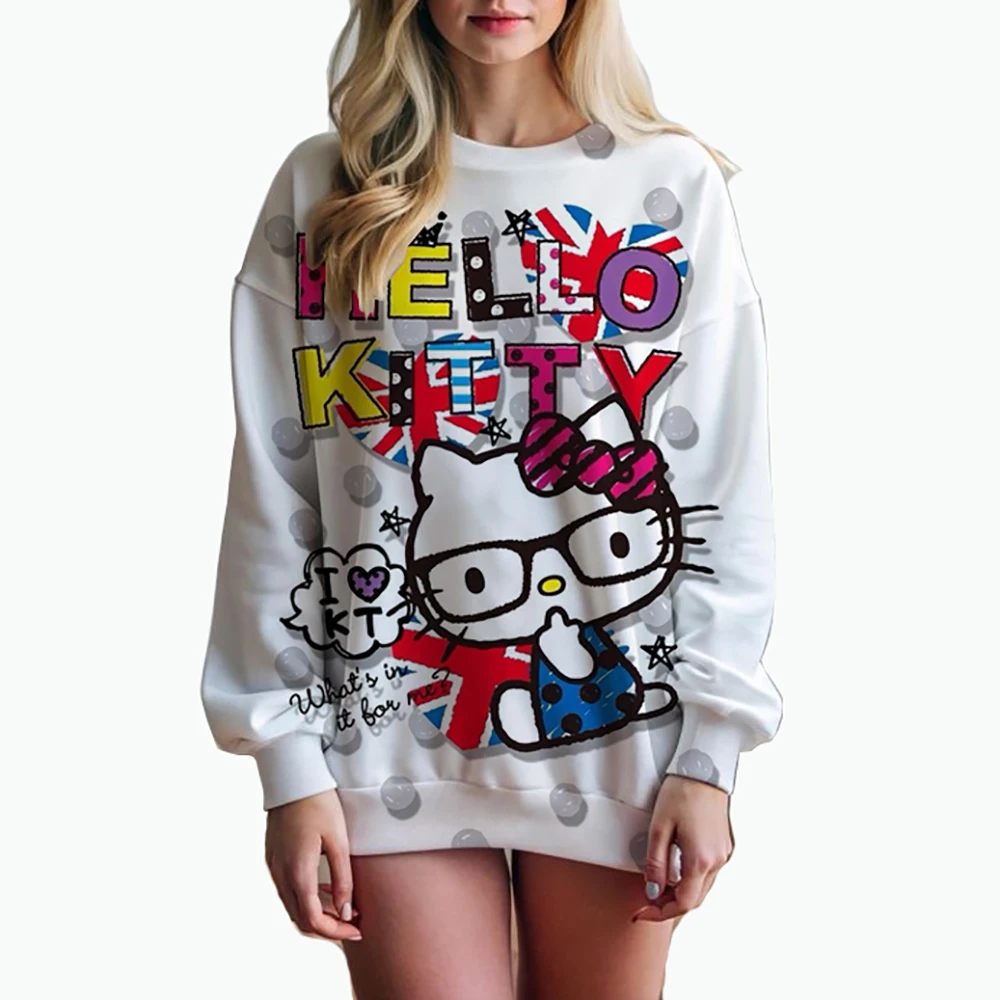 Women\'s Hello Kitty Printed Sweatshirt, High Street Women\'s Hoodie, Y2K Pattern Clothing, Casual Round Neck Sweater