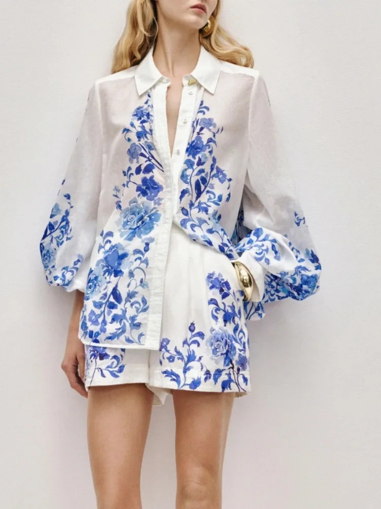 

Bonboho Women's Sheer Shirt Shorts Two-Piece Set Blue Floral Print Luxury Art Workwear Set 2026 Spring New Vacation T-shirt