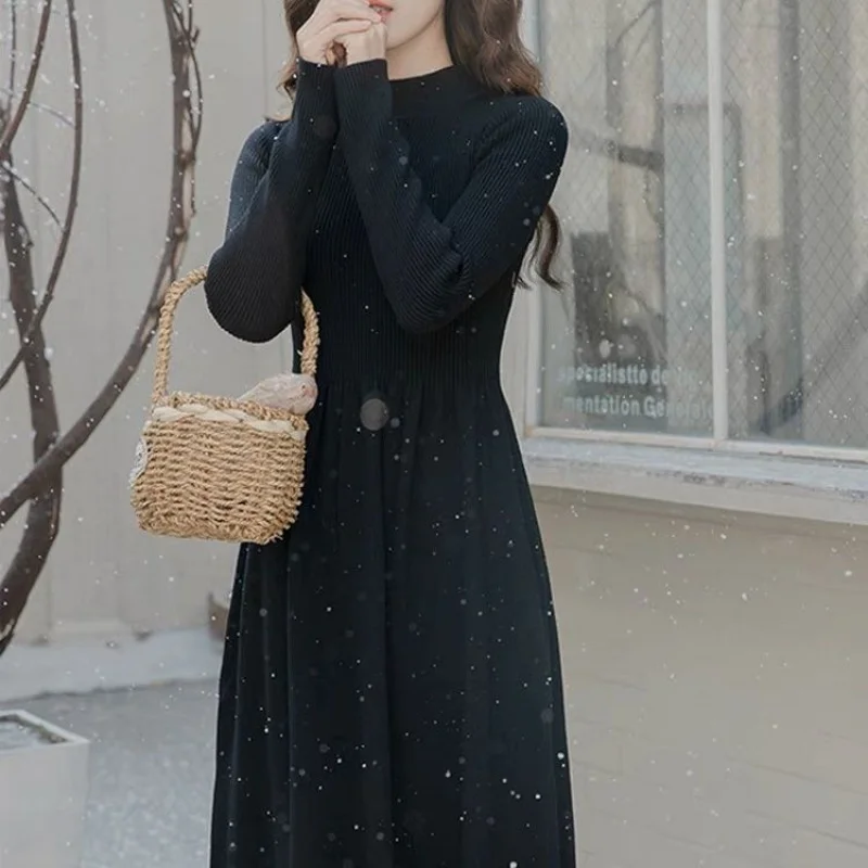 Camada de base interior usar petite vestido feminino inverno engrossado novo estilo francês camisola de malha vestido longo feminino