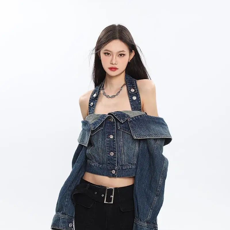 Autumn Vintage Women Jeans Jacket Strapless Casual Short Denim Jacket Baggy Coat Skinny Blue Womens Outerwear One-shoulder Tops