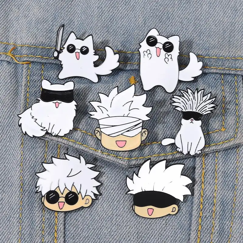 Gojo Satoru and Cat Enamel Pins Custom Anime Brooches Lapel Badges Cartoon Funny Cos Animal Jewelry Gift for Kids Friends