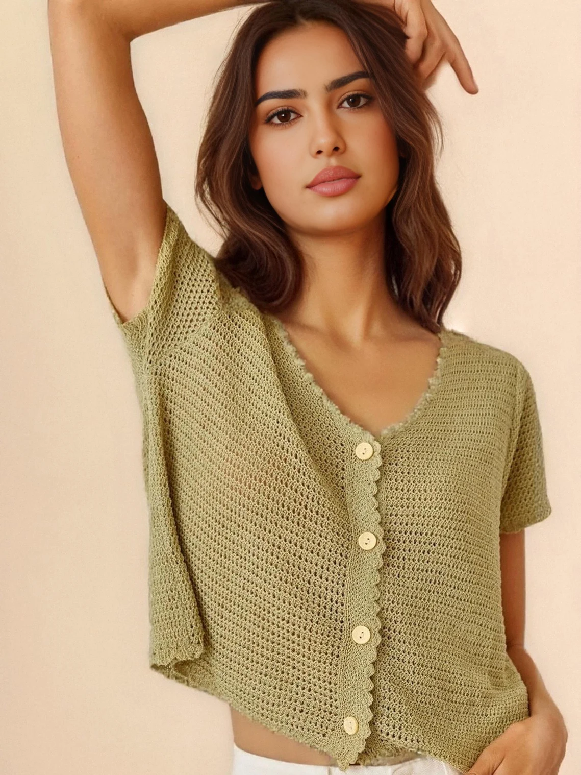 عادية الخامس الرقبة ماتشا الأخضر الجوف متماسكة زر سترة 2025 الصيف اقتصاص قمة الموضة كم سترة الشمس حماية قميص K321 #5