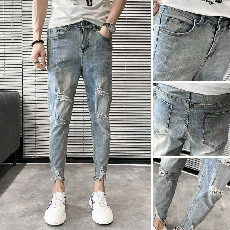 

Fashion Luxury Casual Slim Denim Jeans for Men with Distressed Holes and Frayed Edges for Spring Autumn Washed Pencil Jeans Male