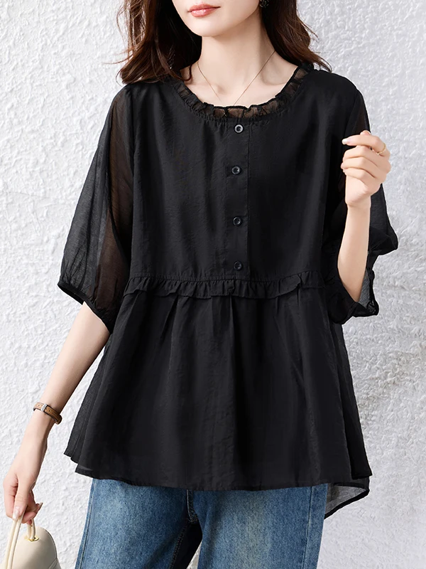 

Elegant plus Size Black Short Sleeve Shirt Women's Loose Breathable Slimming Top Summer 2026 Fashion Casual round Neck