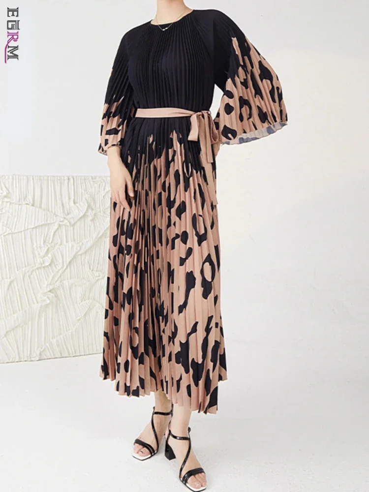 

EGRM 2024 Summer New Contrast Color Pleated Miyake Maxi Dress Leopard Print O-neck Flare Sleeves Elegant Women's Clothing 5G3319