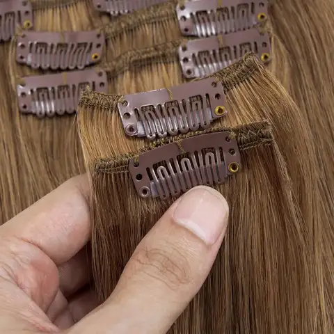 Clip In Hårförlängningar #6 Kastanjebrun Dubbelväft Tjock 120G 8st Silkeslen Rak Brasiliansk Clip In Äkta Hårförlängningar 6 best sales bruna hårförlängningar - №2