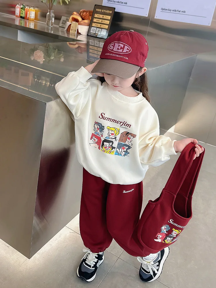 Disney Princess 3PCS Kids Girl Clothing Autumn Hoodie Set Pullover+Pants+Bag Printed Snow White Elsa Cartoon Children Outfits