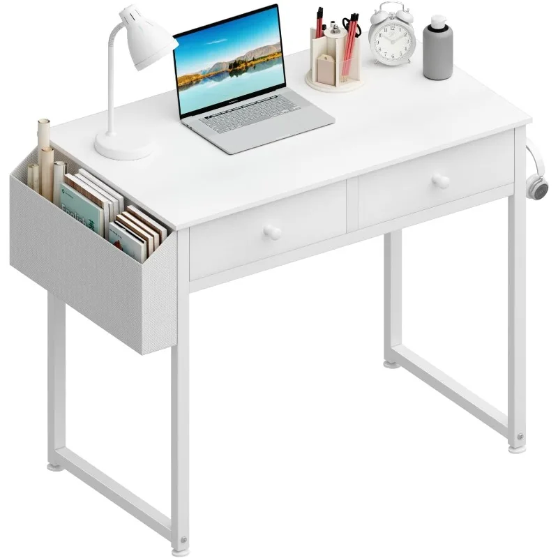 

Small White Desk with Drawers - for Bedroom, 32 Inch Home Office Computer Desk with Fabric Storage Drawer an