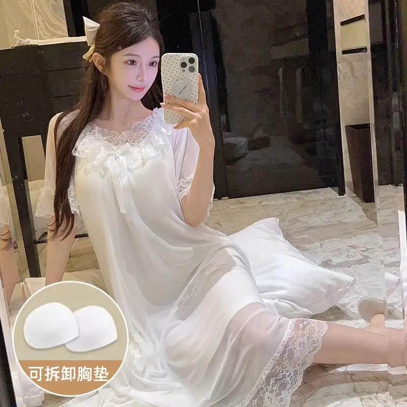 

2025 Hot Summer Short Sleeve Cotton Nightgowns for Women Korean Cute Lace Sleepwear Night Dress Nightdress Nightwear Home Nighty