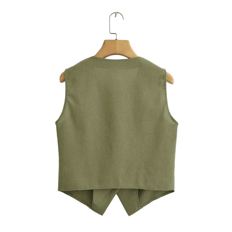 KEYANKETIAN 2026 Retro Casual Vest Women Round Neck Sleeveless Single Row Buttons Fake Pocket Irregular Hem Cropped Waistcoat