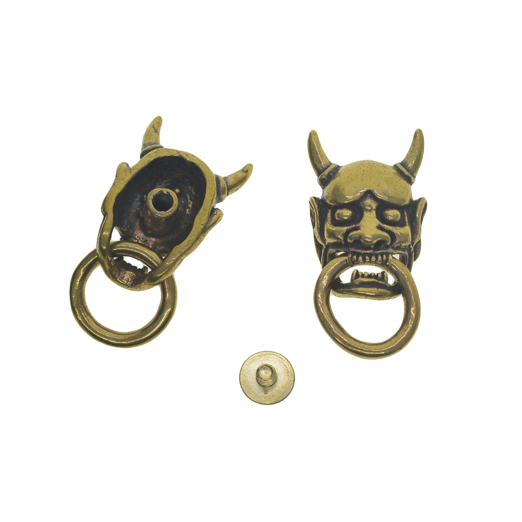 Retro Brass Gothic demon skull head Devil Japanese Jucky mask Hannya screw back lock Concho rivet with ring EDC zipper wallet