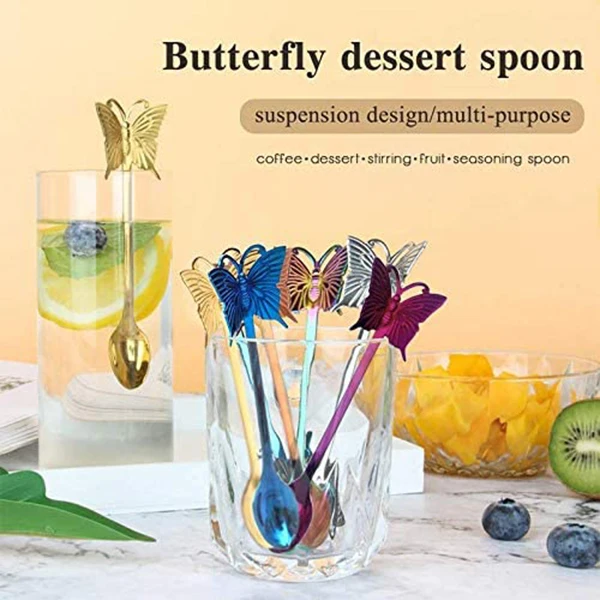 6-Pack Coffee Spoons Rainbow Colorful Teaspoon Dessert Espresso Stainless Steel Stirring Spoon(Butterfly)