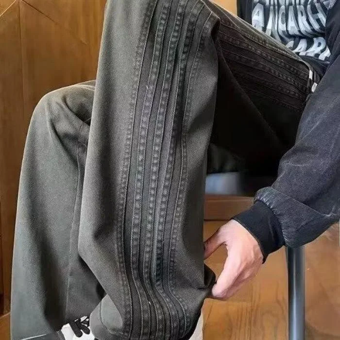 

American Sle Casual Striped Sports Pants Men's Straight Loose Drapey Wide Leg Zipper Workwear Trousers Autumn Faion