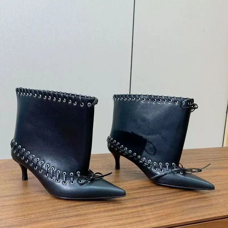 

2025 Women Ankle Pointed Toe Boots For Woman's Black Weave Lace-Up Rivet Metal Decoration Short Botas Mujer Stiletto Shoes