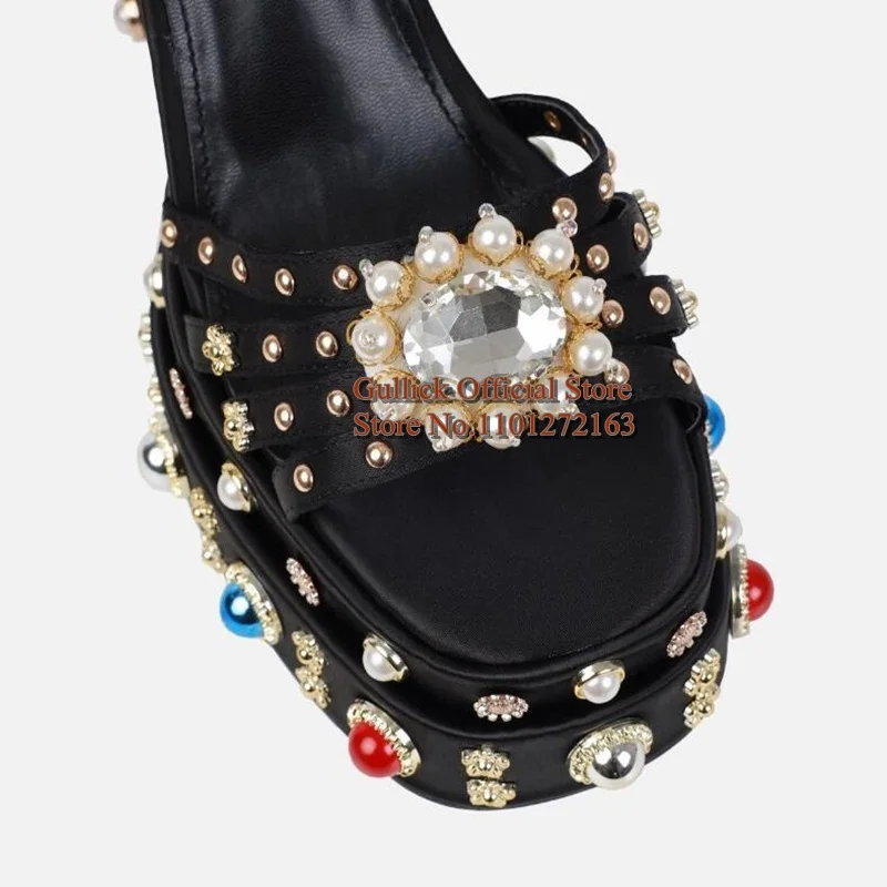 Luxury Rhinestone Gems Women Chunky Heels Sandals Multi Color Studded Crystal 15CM Platform Banquet Shoes pink gold Black