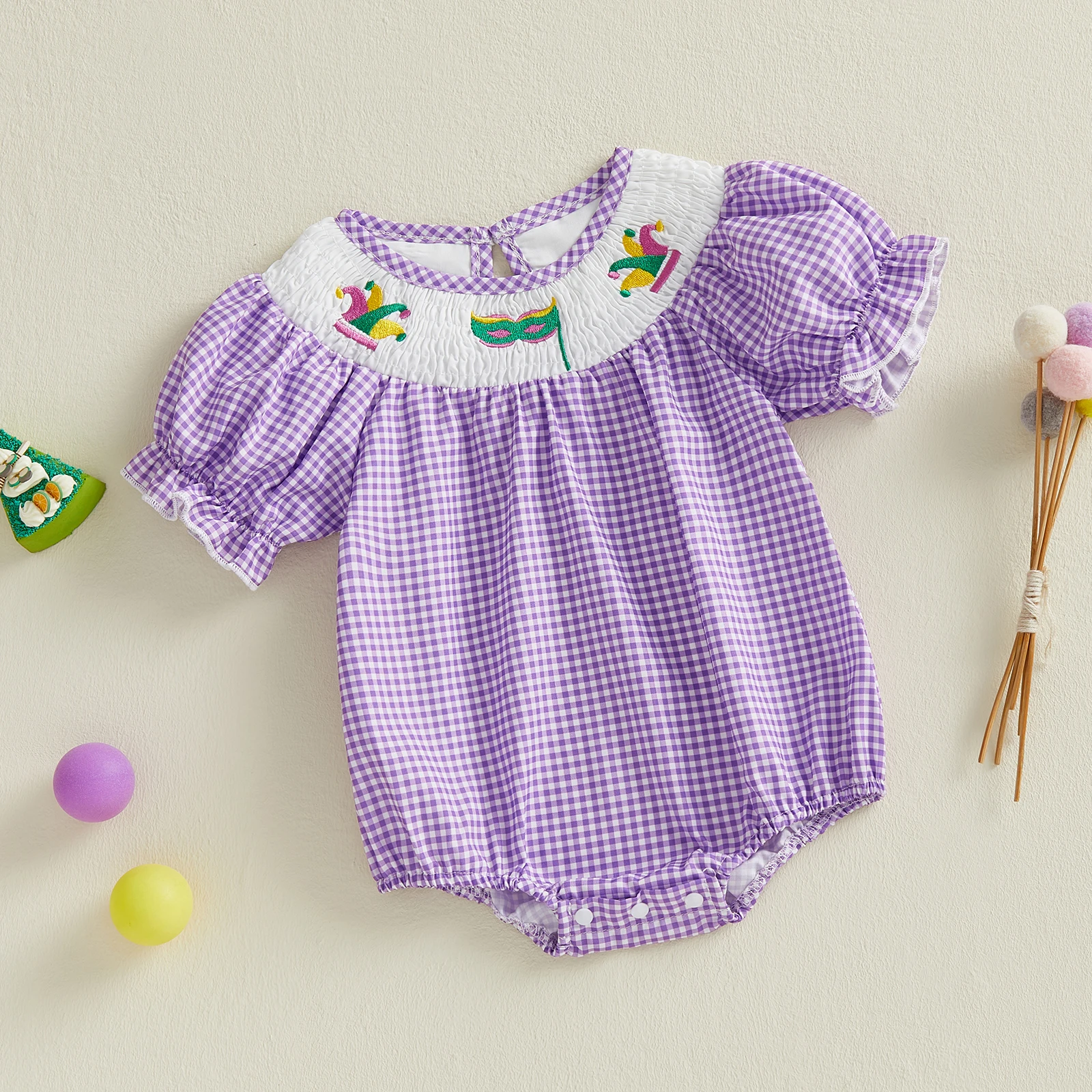 بدلة قفز للأطفال البنات MardiGras منقوشة على شكل تاج مطرزة بأكمام قصيرة ملابس كاجوال للصيف والربيع