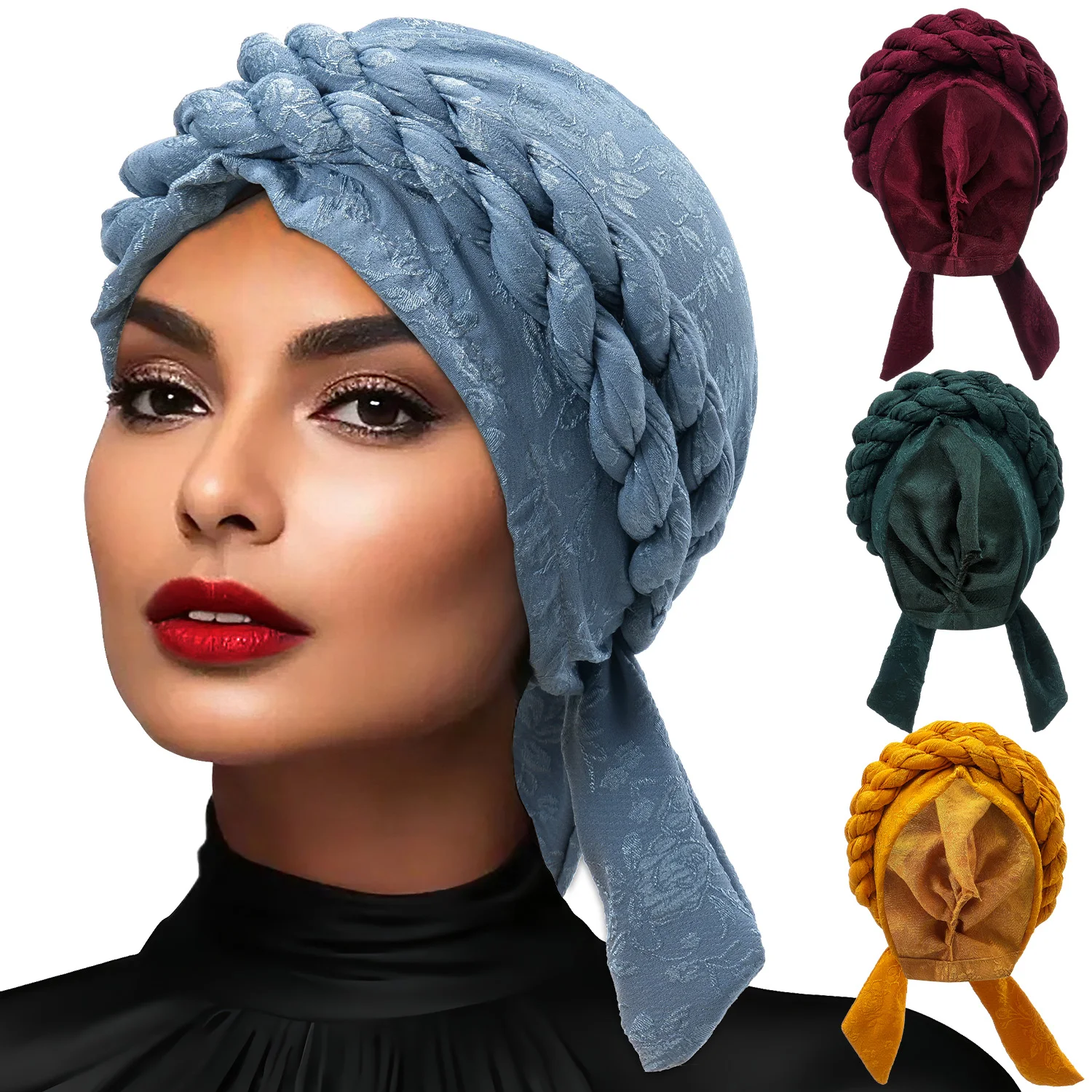 Solid Color Double Braids Turban Caps for Women Fashion Women Muslim Wrap Head Bonnet Headwear Braid Hat Turbante Mujer