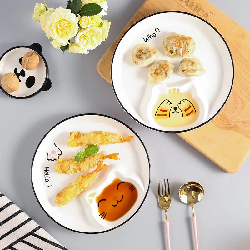 Cat Separated Breakfast Plate,Creative Ceramic Sushi,Dumpling Plates,Household Flavor Trays, Square Round Tableware Restaurant